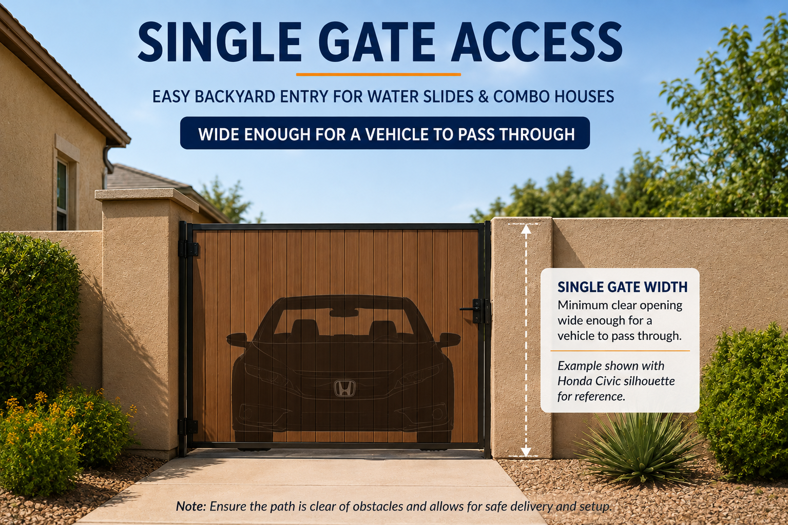 Large single gate with Honda Civic sized silhouette as a vehicle-width reference